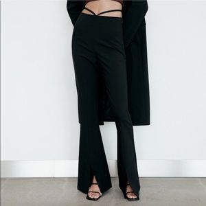 Zara Black Flare Pants Front Slit Tie Waist NWT